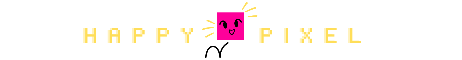 Happy Pixel header that has a cute hot Pink pixel bouncing into view with bright yellow pixelated font saying Happy Pixel